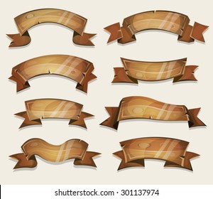 Cartoon Wood Banners And Ribbons For Ui Game/
Illustration of a set of cartoon funny spring wooden circus award ribbon and banners, for agriculture, texas ranch and farm seals, or ui games