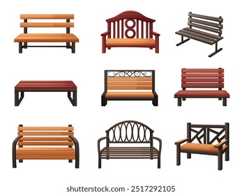 Cartoon wood bench. Isolated benches for city park garden public places. Outdoor decorative furnitures with metal details, nowaday vector set