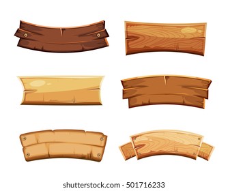 Cartoon wood blank banners and ribbons, western signs vector set. Wooden banner and vintage frame plank illustration