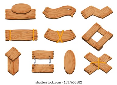 Cartoon Wood Blank Signboards, Banners And Ribbons, Western Signs Vector Set. Wooden Banner And Vintage Frame Plank Illustration.