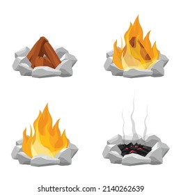 Ilustración vectorial de fogones de leña de caricatura. Chimenea al aire libre, troncos de madera quemados y chimenea de camping de piedra. Llamas de leña, fuego de fuego quemado o chimenea de llamas. 