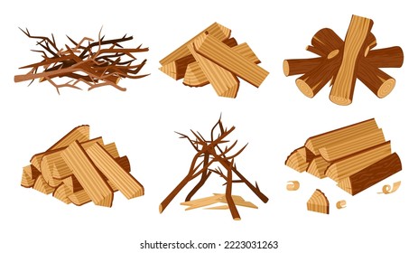 Cartoon wood campfire, wooden logs for camping bonfire. Fire wood, wood industry materials, stacked brushwood and firewood vector illustration set. Wooden fireplace collection - Shutterstock ID 2223031263