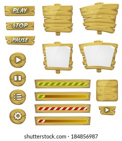 Cartoon Wood Elements For Ui Game/ Illustration of a set of various cartoon design ui game wooden elements including banners, signs, buttons, load bar and app icon background