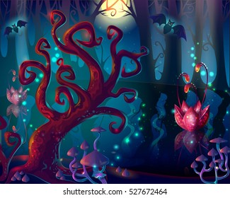 Cartoon wood Game Design with magic tree on foreground and bright flowers vector illustration