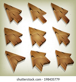 Cartoon Wood Icons, Cursor And Arrows/ Illustration of a set of funny cartoon design wooden computer icons, cursor and arrows signs for funny ui game environment, with vintage retro texture effect