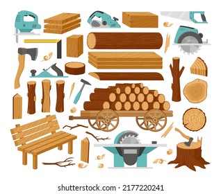 Cartoon wood industry products, timber materials, woodwork planks. Stacked wooden trunks, sticks branches and woodworking tools vector illustration set. Wooden production bundle