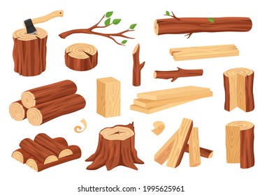 Cartoon wood log and trunk. Wooden lumber materials logs, trunks, stumps, firewood, planks, branches. Hardwood construction elements vector set. Natural plants for construction and material