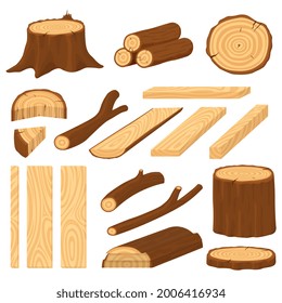 Cartoon wood logs. Material wooden timber, cracks tree log. Stump and trunk, cracked surface. Vintage isolated plank pile piece recent vector set