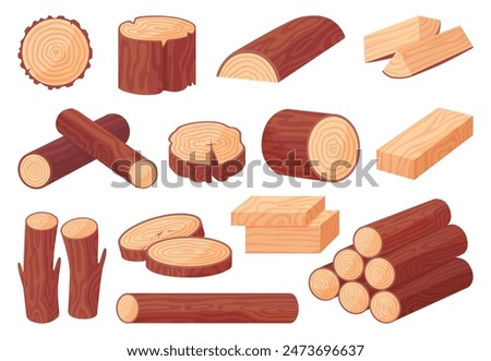 Cartoon wood logs. Timber stacks, tree cuts and stumps. Wooden processing industry, sawmill products. Plank and log neoteric vector clipart