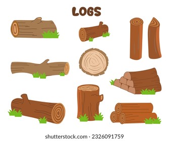 Cartoon Wood Logs, Wooden For Camping Bonfires. Trunks And Planks Set. Wooden Bonfire, Logs Lumber Wood Logs And Tree Trunks, Logs, And Trunks Collection With White Background.