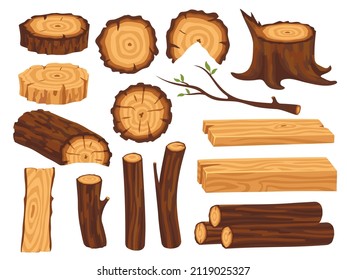 Cartoon wood logs. Wooden log, timber and trunks. Building industries, natural eco materials. Isolated pile of lumber, cutting tree neat vector elements