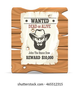 Cartoon wood sign board with paper wanted poster vector illustration