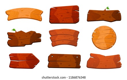 Cartoon wood sign boards. Old west wood planks set. Welcome boards with leaves. Planks for banners or messages. Vector wood boards isolated on white background.