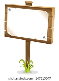 Cartoon Wood Sign/ Illustration of a cartoon wood sign with empty blank paper and green grass, big nails isolated on white background