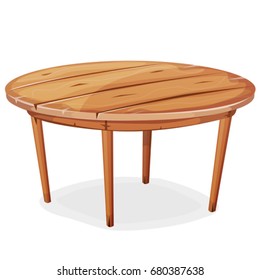 Cartoon Wood Table/
Illustration Of A Cartoon Funny Rounded Wooden Kitchen Or Garden Table, Isolated On White Background For Creation Of Home Interior Scenics