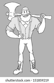 cartoon woodcutter with a huge axe smiling Black and White outline, vector illustration 