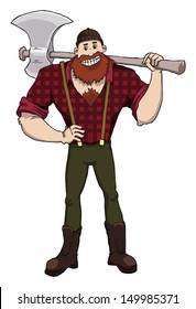 cartoon woodcutter with a red shirt and a huge axe smiling, vector illustration