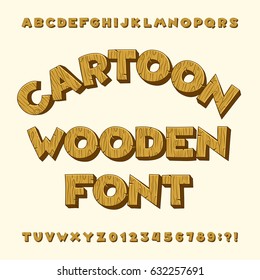 Cartoon wooden alphabet font. Type letters, numbers, symbols. Stock vector typeface for your design.