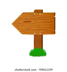 Cartoon wooden arrow sign. Timber board vector illustration on white background. Wooden arrow on stand with text place. Warm brown wood texture. Handdrawn sign for name or message. Street pointer