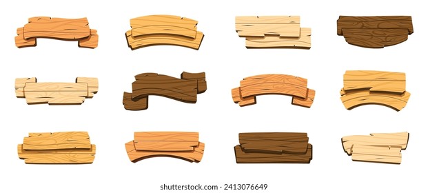 Cartoon wooden banners. Blank hardwood signboard frames, retro game sign asset design, rustic wood placards for advertising. Vector isolated set of sign wood plank blank illustration