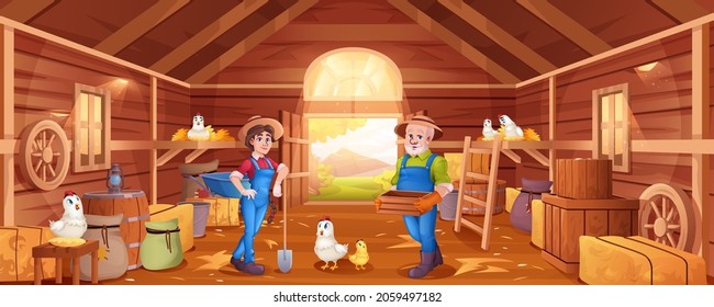 Cartoon wooden barn with farmers, haystacks,chickens and garden tools. Man and woman in hats in barnhouse on farm. Interior of rural shed with hens, straw, sacks and crates.