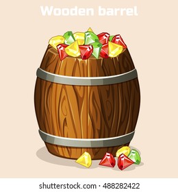 Cartoon wooden barrel full of colorful gems, game elements in vector