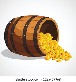 Cartoon wooden barrel with gold coins. Pirate treasures. Vector illustration.