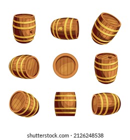 Cartoon wooden barrel. Vintage oak cask of old oak wood for brewing beer wine and whiskey. Vector isolated set