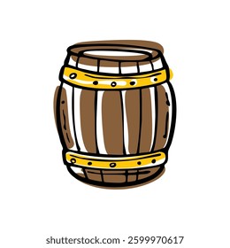 Cartoon Wooden Barrel.  vintage themes, pub decor, pirate-inspired artwork, or Oktoberfest vibes. Vector illustration. 