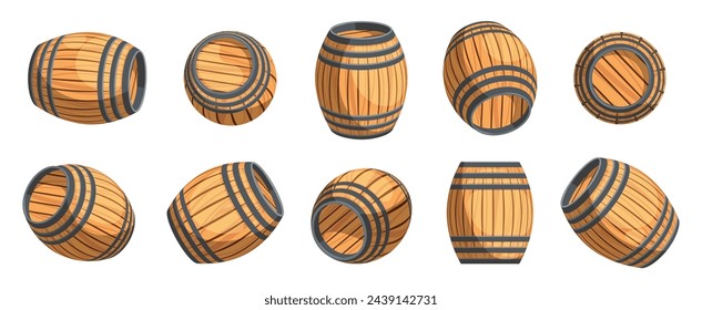 Cartoon wooden barrels. Stack of old oak kegs and casks with rum, whisky, wine and beer, traditional brewery and pub equipment. Vector flat set