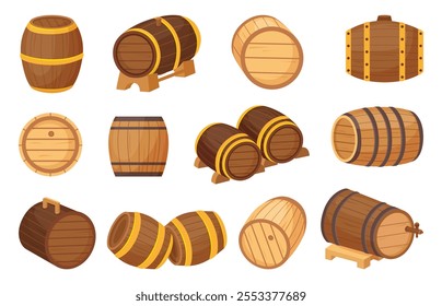 Barriles de madera de dibujos animados. Barril de madera para vino o cerveza, envases de material natural para ahorrar bebidas. Almacenamiento de coñac y ale, industria cervecera Elementos de Vector neoterico