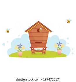 Cartoon wooden beehive in the garden. Bee house. Vector illustration 