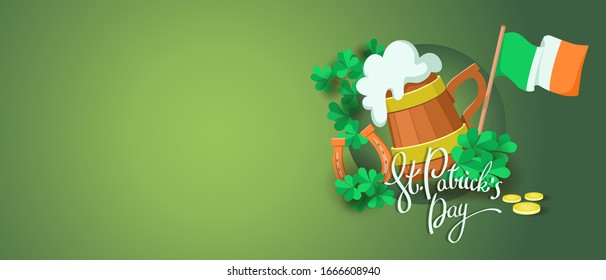 Cartoon wooden beer mug with foam, the flag of Ireland, a horseshoe, coins and clover shamrocks. Banner or card for St. Patrick's Day with an empty place for text.