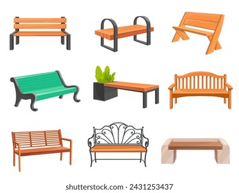 Cartoon wooden benches. Wood bench set, street relaxation place garden couch modern seats city outside park urban outdoor furniture public seat, isolated neat vector illustration