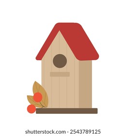 Cartoon wooden bird house. Colorful isolated forest or garden bird feeder for cold season. Outdoor home for animals, handcrafted construction with roof and hole vector illustration isolated on white.