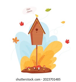 Cartoon wooden bird house in the forest. Tiny bird tweets Hello Autumn. Vector illustration