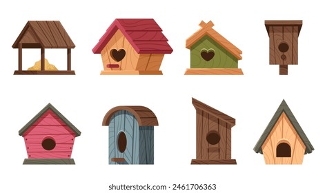 Cartoon wooden bird houses. Rustic avian homes with various designs. Hand made bird feeders of various shapes. Hanging outdoor constructions for winter. Handcrafted nest isolated vector set