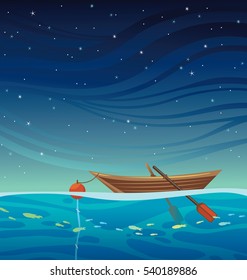 Cartoon Wooden Boat With Bouy And Rope At The Blue Sea On A Night Starry Sky. Seascape Vector Illustration. 