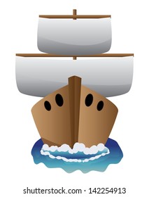 Cartoon wooden boat with a sail and water on white background.