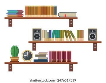 Estanterías de madera de dibujos animados. Estantes con libros reloj de flores altavoces hogar interior Ilustración vectorial aislada