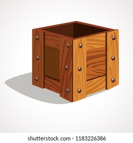 Cartoon wooden box, empty and open. Vector illustration