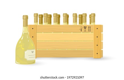 Cartoon wooden box of wine for restaurant, wine shop or export. Vector alcoholic drink made of grapes. Sommeliers, alcohol transportation, table wine idea isolated on white