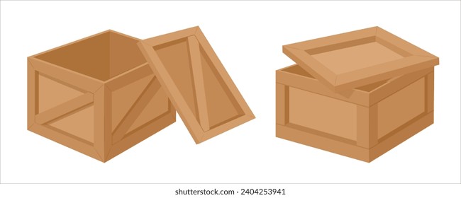 Cartoon wooden boxes with lids, craft boxes, vector illustration