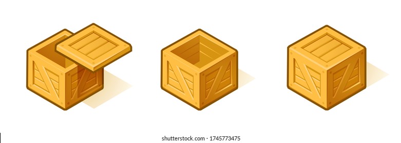 Cartoon Wooden boxes. Vector illustration in isometric style, three open and close cartoons boxes isolated on white background.