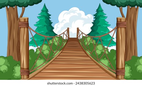 Caricatura de un puente de madera en un bosque exuberante