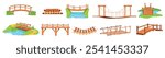 Cartoon wooden bridges. Wood hanging rope bridge, river crossing bridgeboard way connection bridging rustic path walk road connect game pirs wharf, set neat vector illustration