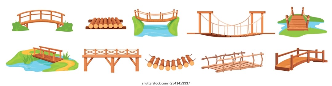 Cartoon Holzbrücken. Holz hängenden Seilbrücke, Fluss überqueren Brücke Board Weg Verbindung Brücke rustikalen Weg zu Fuß Straße verbinden Spiel Piraten Wharf, Set ordentlich Vektorgrafik