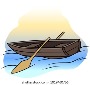 Cartoon wooden brown rowboat with two oars on water. Vector icon.