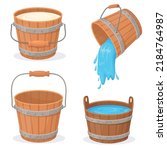Cartoon wooden buckets. Wood bucket with flowing water or milk, empty pail stream spa sauna bathtub tub barrel jar pot for storage farm honey, isolated neat vector illustration of cartoon bucket