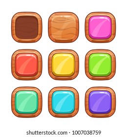 Cartoon wooden buttons set. Vector wood shapes icons, isolated game assets on white background.